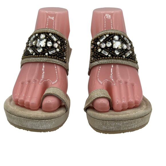 Donald J Pliner Womens 7.5 Embellished Tan Metallic Bronze Wedge Sandals Boho - Picture 4 of 12